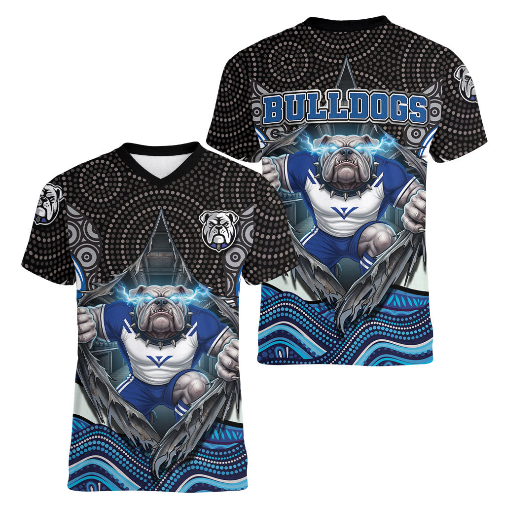 Canterbury Bankstown Bulldogs Rugby Women V-Neck T-Shirt The Scream of Lightning Eyes - Indigenous Dot Ripping Effect