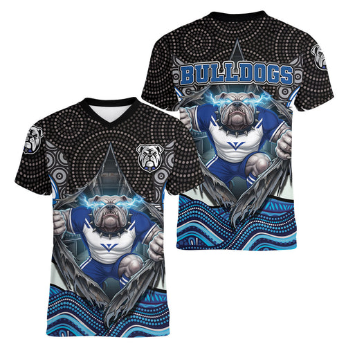 Canterbury Bankstown Bulldogs Rugby Women V-Neck T-Shirt The Scream of Lightning Eyes - Indigenous Dot Ripping Effect