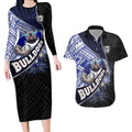 Bulldogs Rugby Couples Matching Long Sleeve Bodycon Dress and Hawaiian Shirt Tribal Polynesian Power Art - Lightning Mascot