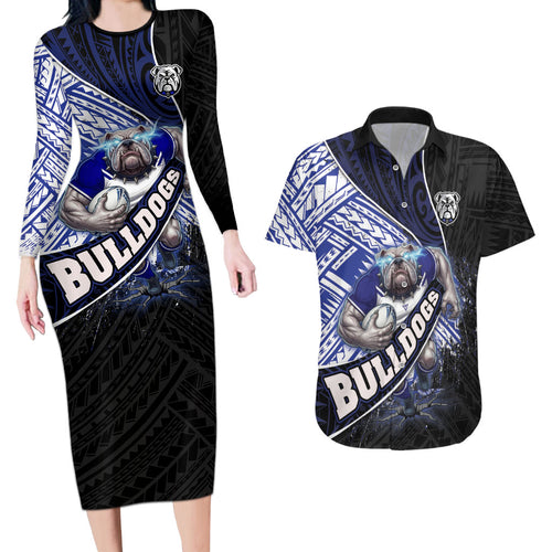 Bulldogs Rugby Couples Matching Long Sleeve Bodycon Dress and Hawaiian Shirt Tribal Polynesian Power Art - Lightning Mascot
