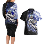 Bulldogs Rugby Couples Matching Long Sleeve Bodycon Dress and Hawaiian Shirt Tribal Polynesian Power Art - Lightning Mascot