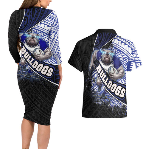 Bulldogs Rugby Couples Matching Long Sleeve Bodycon Dress and Hawaiian Shirt Tribal Polynesian Power Art - Lightning Mascot