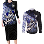 Bulldogs Rugby Couples Matching Long Sleeve Bodycon Dress and Long Sleeve Button Shirt Tribal Polynesian Power Art - Lightning Mascot