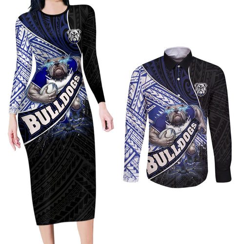 Bulldogs Rugby Couples Matching Long Sleeve Bodycon Dress and Long Sleeve Button Shirt Tribal Polynesian Power Art - Lightning Mascot