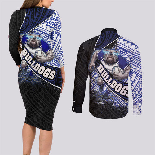 Bulldogs Rugby Couples Matching Long Sleeve Bodycon Dress and Long Sleeve Button Shirt Tribal Polynesian Power Art - Lightning Mascot