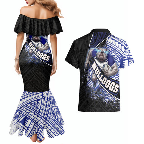 Bulldogs Rugby Couples Matching Mermaid Dress and Hawaiian Shirt Tribal Polynesian Power Art - Lightning Mascot