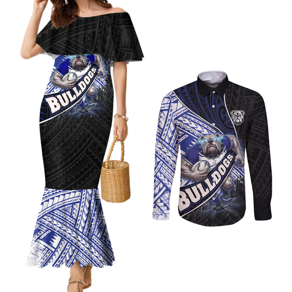 Bulldogs Rugby Couples Matching Mermaid Dress and Long Sleeve Button Shirt Tribal Polynesian Power Art - Lightning Mascot
