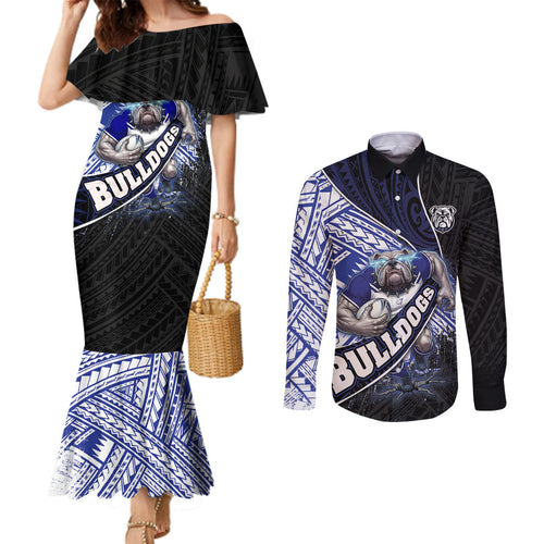 Bulldogs Rugby Couples Matching Mermaid Dress and Long Sleeve Button Shirt Tribal Polynesian Power Art - Lightning Mascot