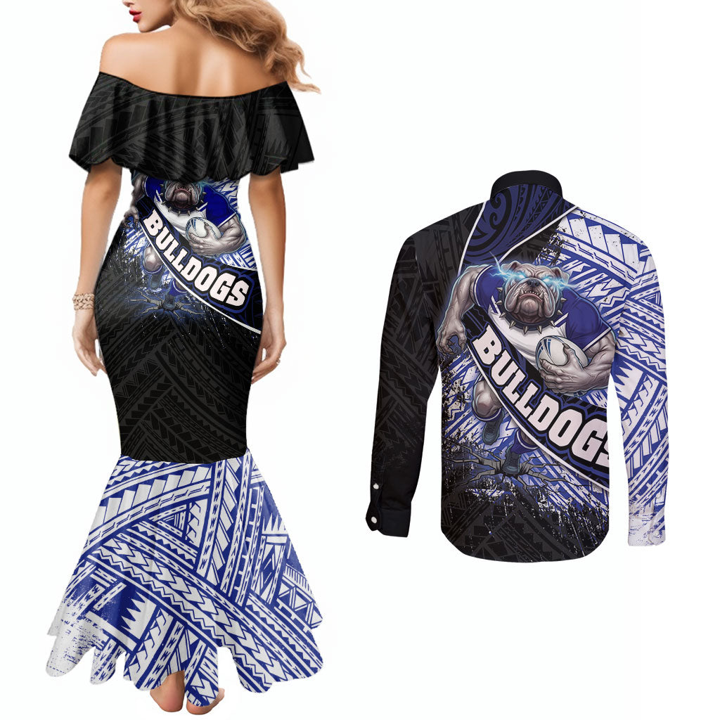 Bulldogs Rugby Couples Matching Mermaid Dress and Long Sleeve Button Shirt Tribal Polynesian Power Art - Lightning Mascot