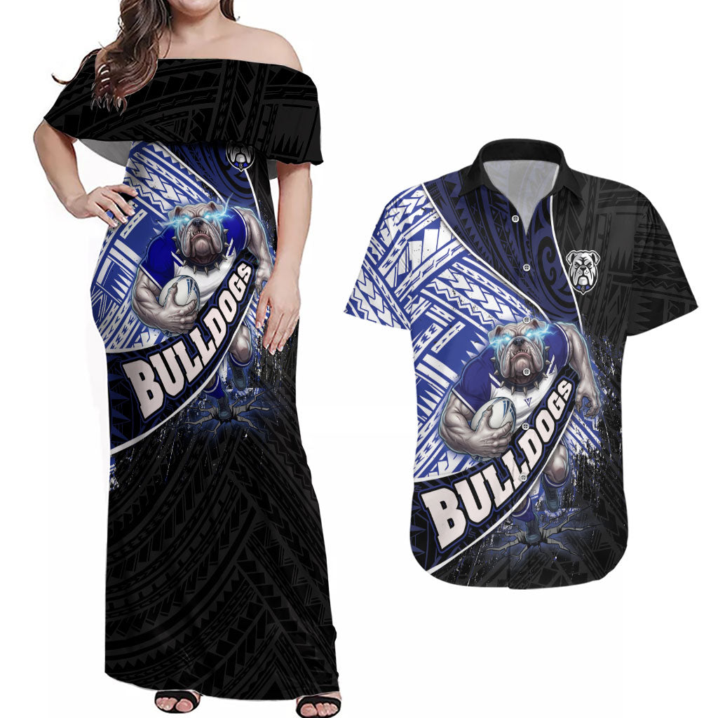 Bulldogs Rugby Couples Matching Off Shoulder Maxi Dress and Hawaiian Shirt Tribal Polynesian Power Art - Lightning Mascot