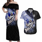 Bulldogs Rugby Couples Matching Off Shoulder Maxi Dress and Hawaiian Shirt Tribal Polynesian Power Art - Lightning Mascot