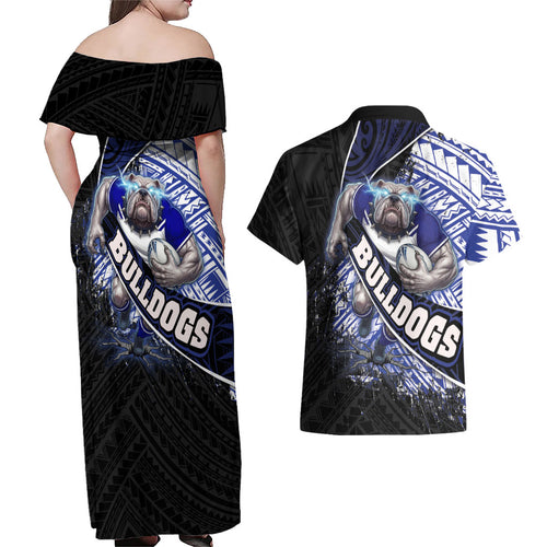 Bulldogs Rugby Couples Matching Off Shoulder Maxi Dress and Hawaiian Shirt Tribal Polynesian Power Art - Lightning Mascot