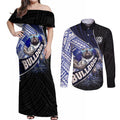 Bulldogs Rugby Couples Matching Off Shoulder Maxi Dress and Long Sleeve Button Shirt Tribal Polynesian Power Art - Lightning Mascot