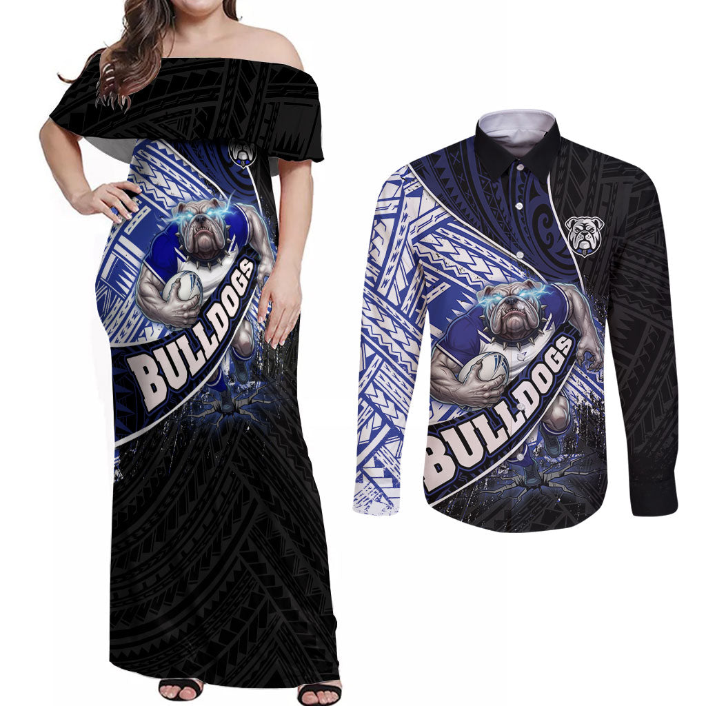 Bulldogs Rugby Couples Matching Off Shoulder Maxi Dress and Long Sleeve Button Shirt Tribal Polynesian Power Art - Lightning Mascot