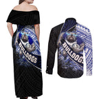 Bulldogs Rugby Couples Matching Off Shoulder Maxi Dress and Long Sleeve Button Shirt Tribal Polynesian Power Art - Lightning Mascot