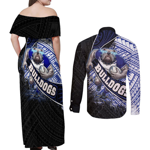 Bulldogs Rugby Couples Matching Off Shoulder Maxi Dress and Long Sleeve Button Shirt Tribal Polynesian Power Art - Lightning Mascot