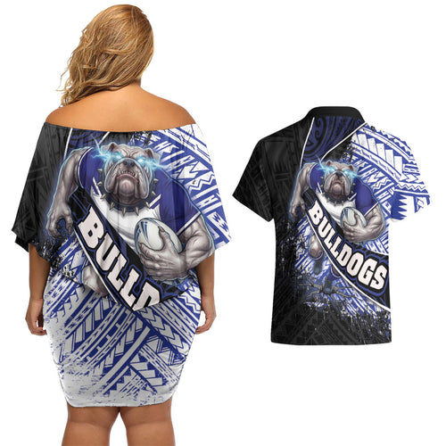 Bulldogs Rugby Couples Matching Off Shoulder Short Dress and Hawaiian Shirt Tribal Polynesian Power Art - Lightning Mascot