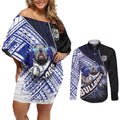 Bulldogs Rugby Couples Matching Off Shoulder Short Dress and Long Sleeve Button Shirt Tribal Polynesian Power Art - Lightning Mascot