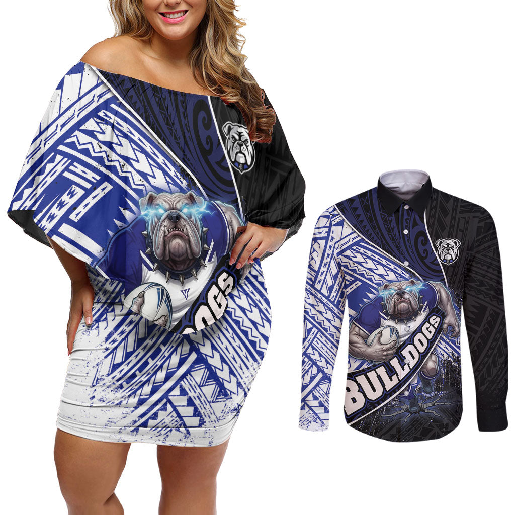 Bulldogs Rugby Couples Matching Off Shoulder Short Dress and Long Sleeve Button Shirt Tribal Polynesian Power Art - Lightning Mascot