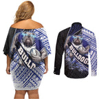 Bulldogs Rugby Couples Matching Off Shoulder Short Dress and Long Sleeve Button Shirt Tribal Polynesian Power Art - Lightning Mascot