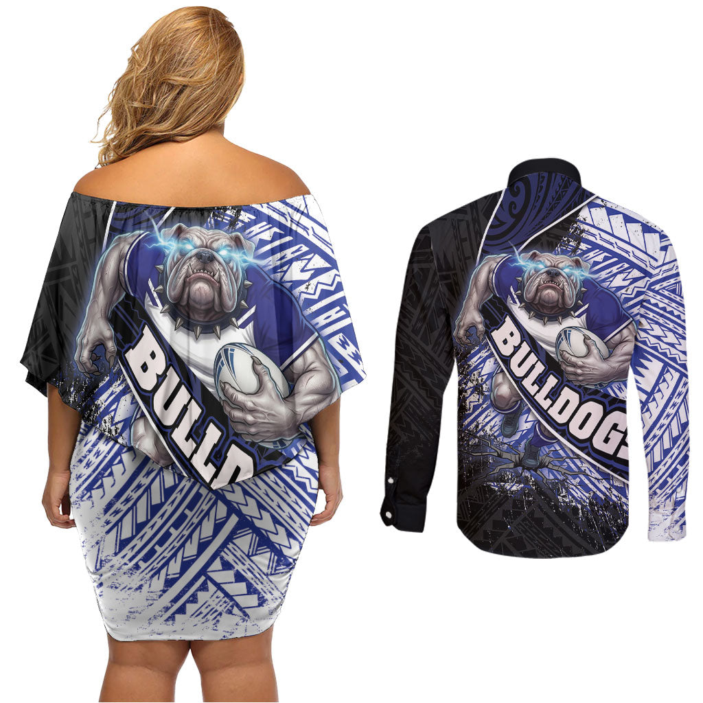 Bulldogs Rugby Couples Matching Off Shoulder Short Dress and Long Sleeve Button Shirt Tribal Polynesian Power Art - Lightning Mascot