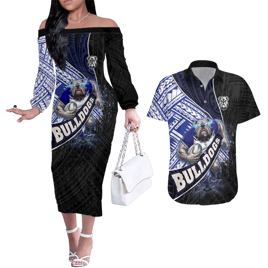 Bulldogs Rugby Couples Matching Off The Shoulder Long Sleeve Dress and Hawaiian Shirt Tribal Polynesian Power Art - Lightning Mascot