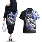 Bulldogs Rugby Couples Matching Off The Shoulder Long Sleeve Dress and Hawaiian Shirt Tribal Polynesian Power Art - Lightning Mascot