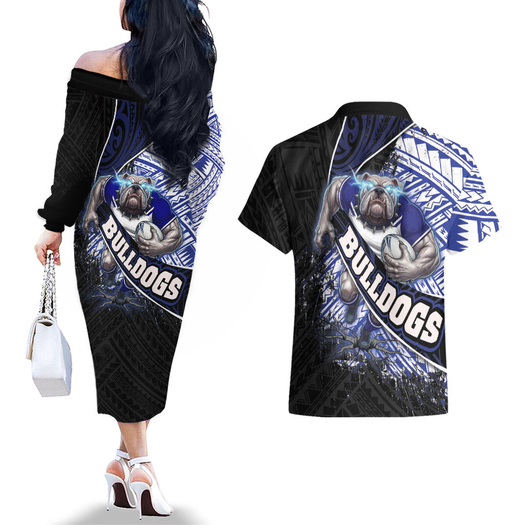 Bulldogs Rugby Couples Matching Off The Shoulder Long Sleeve Dress and Hawaiian Shirt Tribal Polynesian Power Art - Lightning Mascot