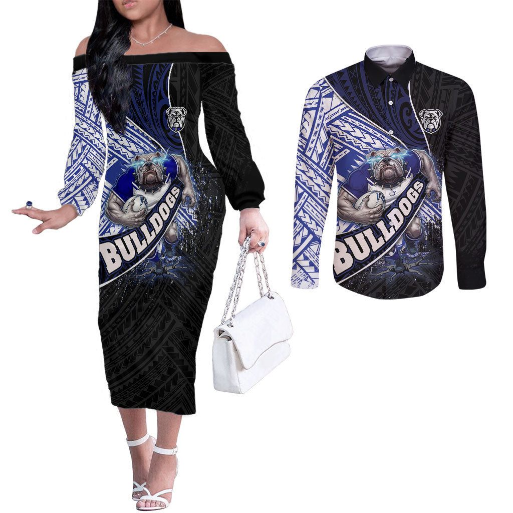 Bulldogs Rugby Couples Matching Off The Shoulder Long Sleeve Dress and Long Sleeve Button Shirt Tribal Polynesian Power Art - Lightning Mascot