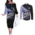 Bulldogs Rugby Couples Matching Off The Shoulder Long Sleeve Dress and Long Sleeve Button Shirt Tribal Polynesian Power Art - Lightning Mascot