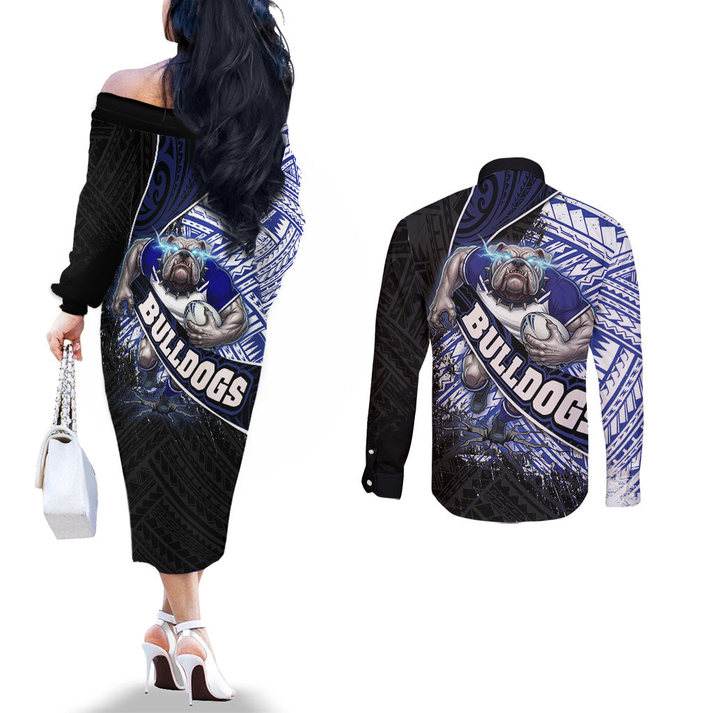 Bulldogs Rugby Couples Matching Off The Shoulder Long Sleeve Dress and Long Sleeve Button Shirt Tribal Polynesian Power Art - Lightning Mascot