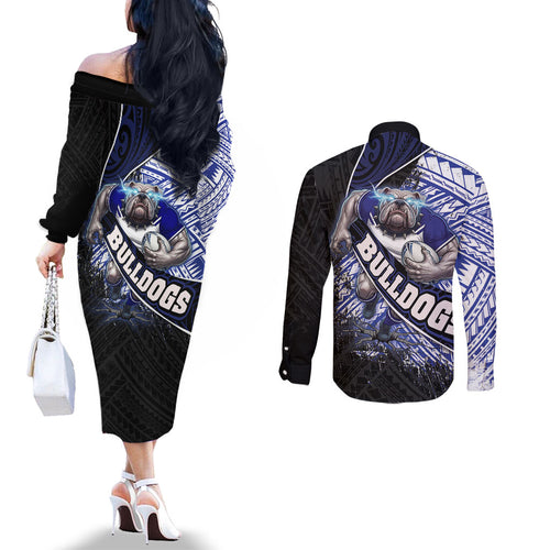 Bulldogs Rugby Couples Matching Off The Shoulder Long Sleeve Dress and Long Sleeve Button Shirt Tribal Polynesian Power Art - Lightning Mascot