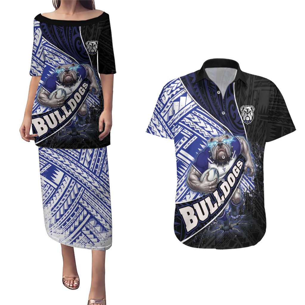Bulldogs Rugby Couples Matching Puletasi and Hawaiian Shirt Tribal Polynesian Power Art - Lightning Mascot