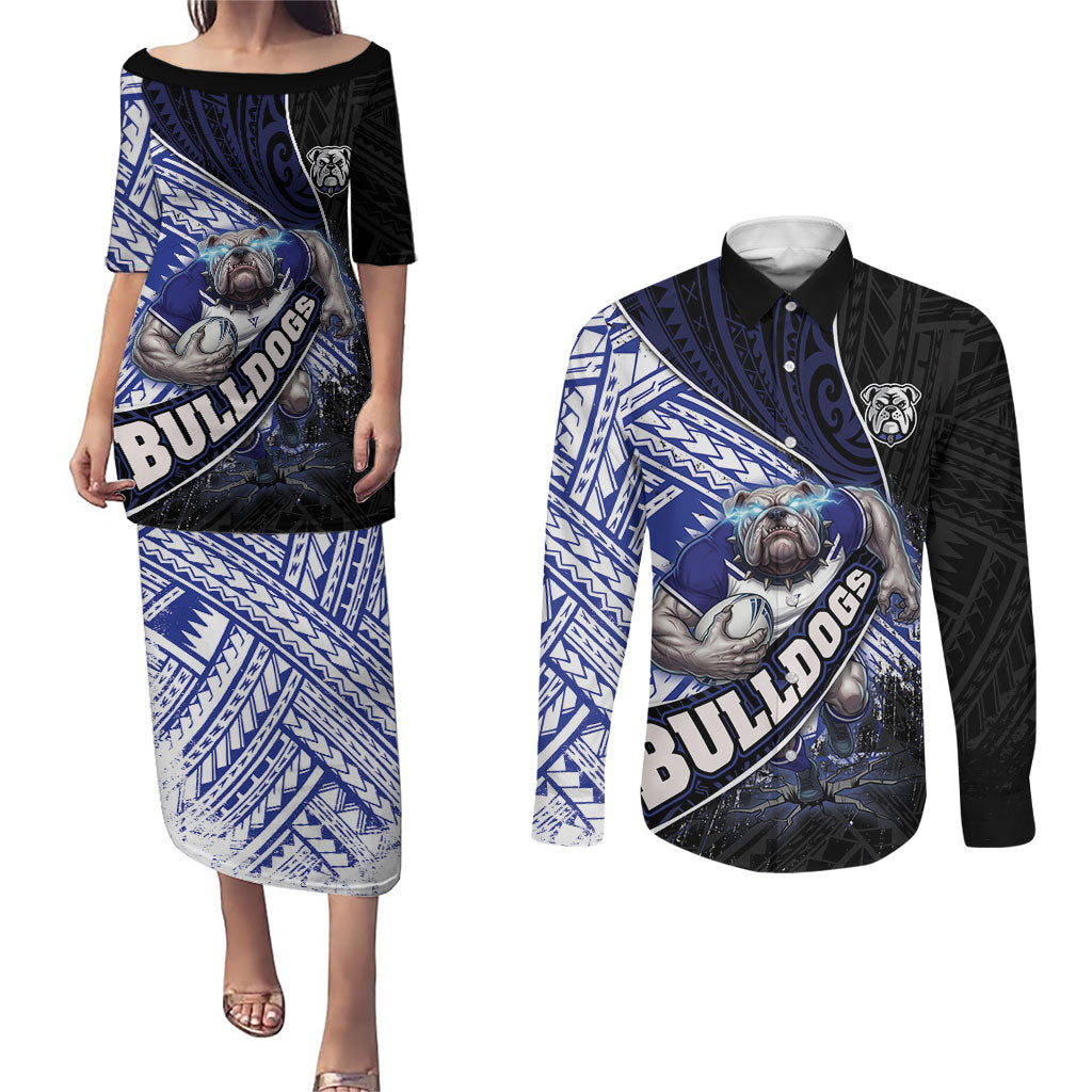 Bulldogs Rugby Couples Matching Puletasi and Long Sleeve Button Shirt Tribal Polynesian Power Art - Lightning Mascot
