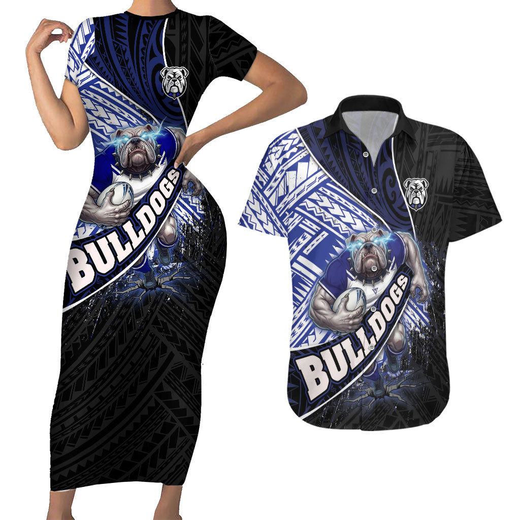 Bulldogs Rugby Couples Matching Short Sleeve Bodycon Dress and Hawaiian Shirt Tribal Polynesian Power Art - Lightning Mascot