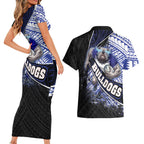 Bulldogs Rugby Couples Matching Short Sleeve Bodycon Dress and Hawaiian Shirt Tribal Polynesian Power Art - Lightning Mascot