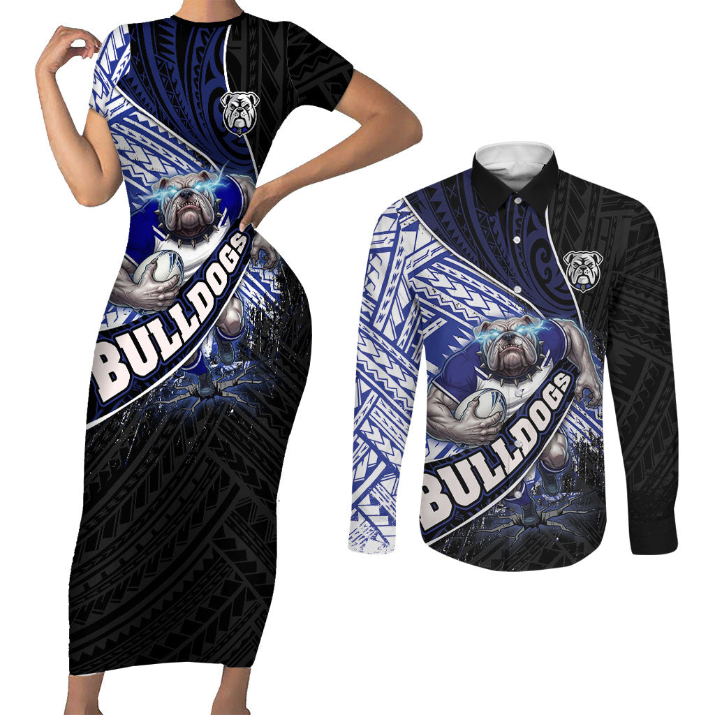 Bulldogs Rugby Couples Matching Short Sleeve Bodycon Dress and Long Sleeve Button Shirt Tribal Polynesian Power Art - Lightning Mascot
