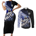 Bulldogs Rugby Couples Matching Short Sleeve Bodycon Dress and Long Sleeve Button Shirt Tribal Polynesian Power Art - Lightning Mascot