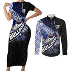 Bulldogs Rugby Couples Matching Short Sleeve Bodycon Dress and Long Sleeve Button Shirt Tribal Polynesian Power Art - Lightning Mascot