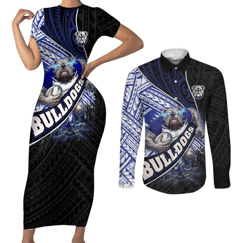 Bulldogs Rugby Couples Matching Short Sleeve Bodycon Dress and Long Sleeve Button Shirt Tribal Polynesian Power Art - Lightning Mascot