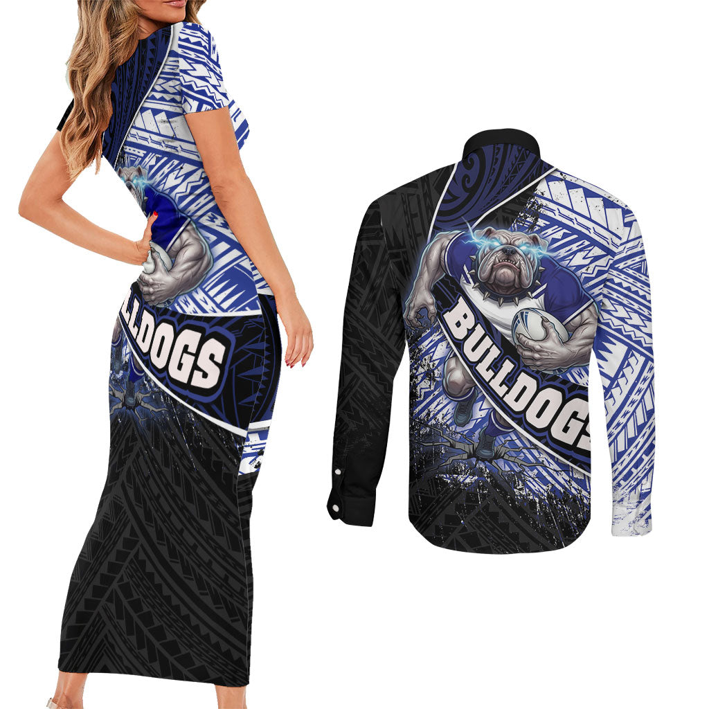 Bulldogs Rugby Couples Matching Short Sleeve Bodycon Dress and Long Sleeve Button Shirt Tribal Polynesian Power Art - Lightning Mascot