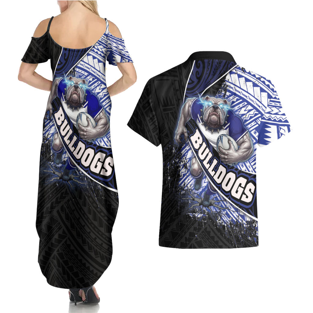 Bulldogs Rugby Couples Matching Summer Maxi Dress and Hawaiian Shirt Tribal Polynesian Power Art - Lightning Mascot