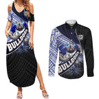 Bulldogs Rugby Couples Matching Summer Maxi Dress and Long Sleeve Button Shirt Tribal Polynesian Power Art - Lightning Mascot