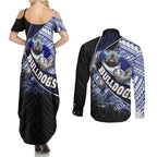 Bulldogs Rugby Couples Matching Summer Maxi Dress and Long Sleeve Button Shirt Tribal Polynesian Power Art - Lightning Mascot