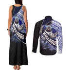 Bulldogs Rugby Couples Matching Tank Maxi Dress and Long Sleeve Button Shirt Tribal Polynesian Power Art - Lightning Mascot