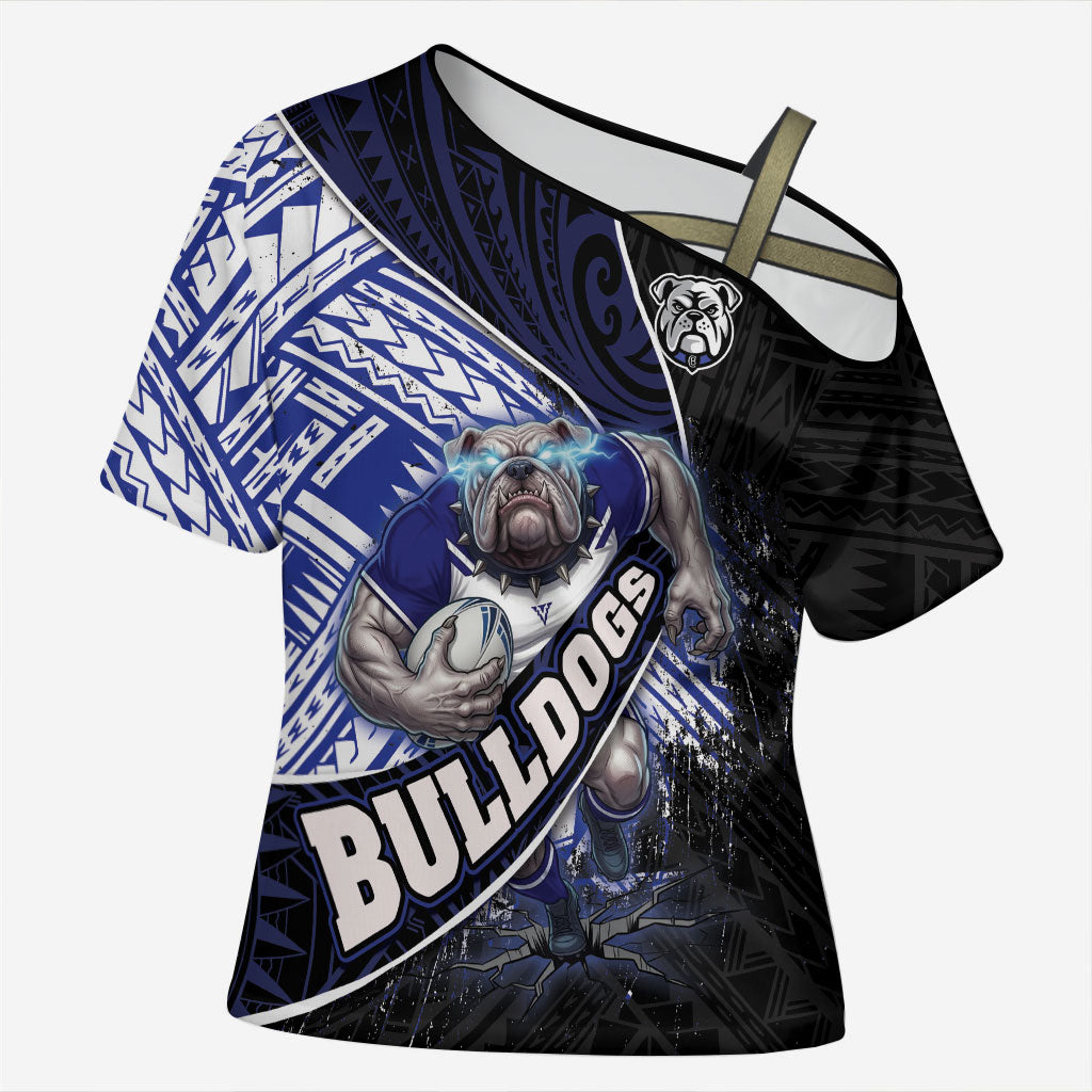 Bulldogs Rugby Cross Shoulder Shirt Tribal Polynesian Power Art - Lightning Mascot