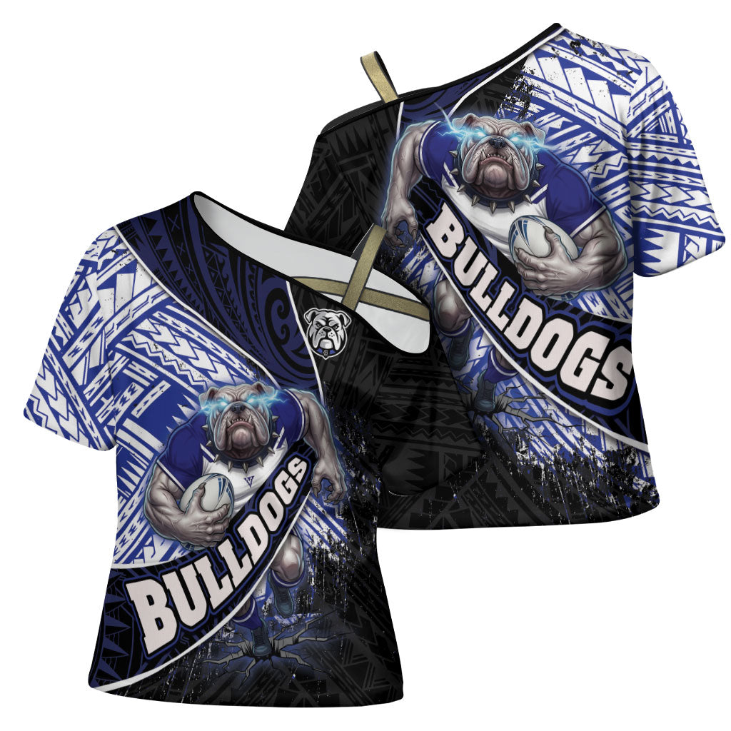 Bulldogs Rugby Cross Shoulder Shirt Tribal Polynesian Power Art - Lightning Mascot