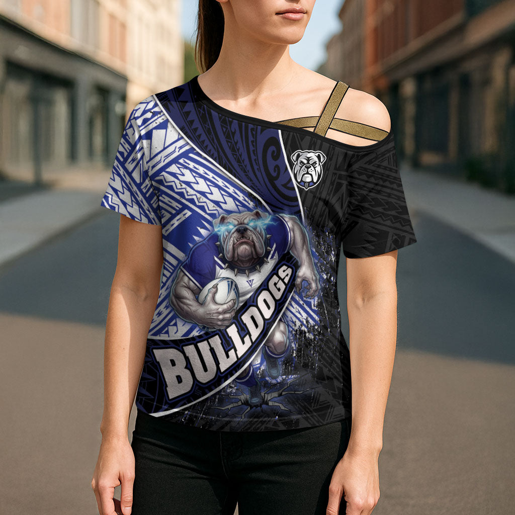 Bulldogs Rugby Cross Shoulder Shirt Tribal Polynesian Power Art - Lightning Mascot
