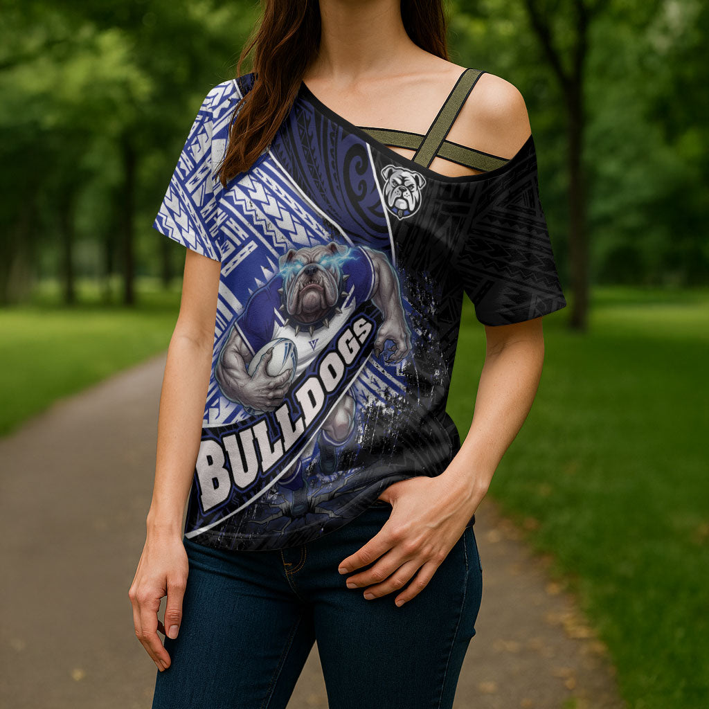 Bulldogs Rugby Cross Shoulder Shirt Tribal Polynesian Power Art - Lightning Mascot