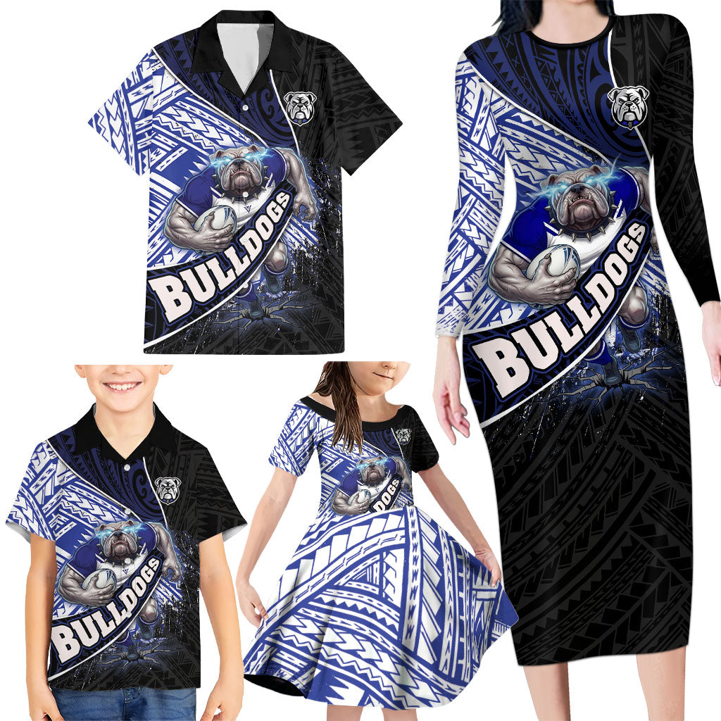 Bulldogs Rugby Family Matching Long Sleeve Bodycon Dress and Hawaiian Shirt Tribal Polynesian Power Art - Lightning Mascot